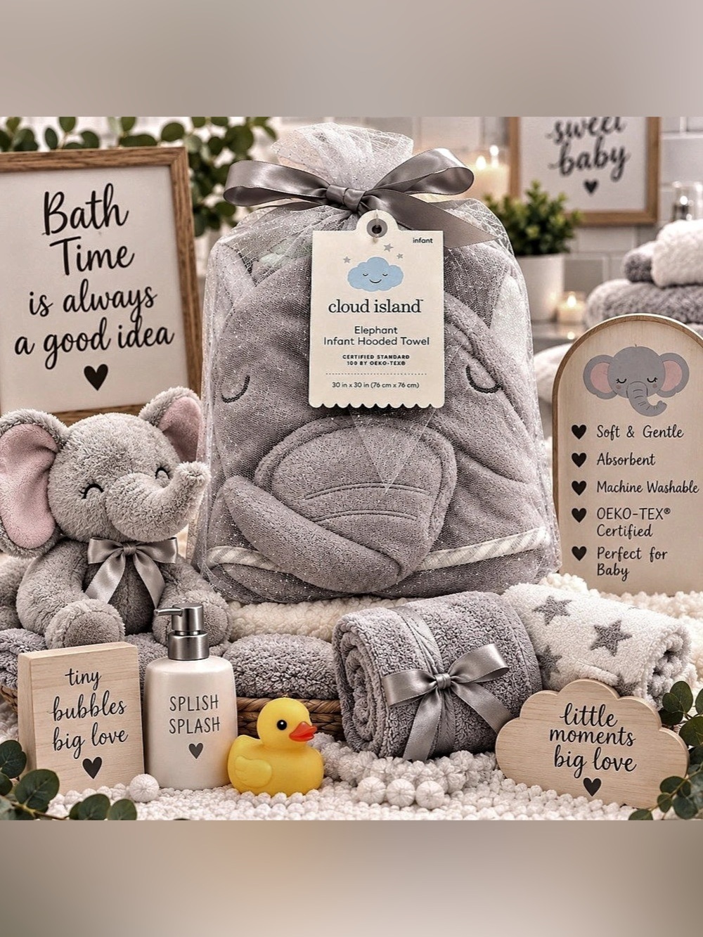 cloud island Elephant Infant Hooded Towel Gray & White
